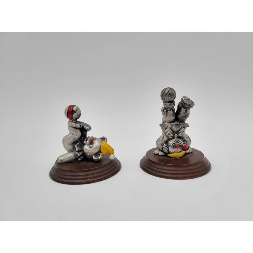Set‎ of 2 Vintage George Good Pewter clown figurines on wood base bear and clown